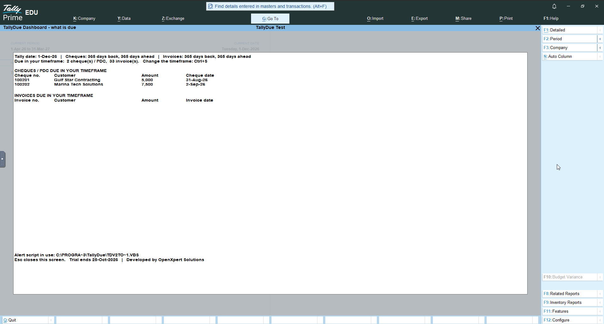 TallyDues due-date dashboard open inside Tally Prime