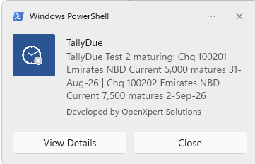 TallyDues Windows alert showing a maturing cheque and customer details